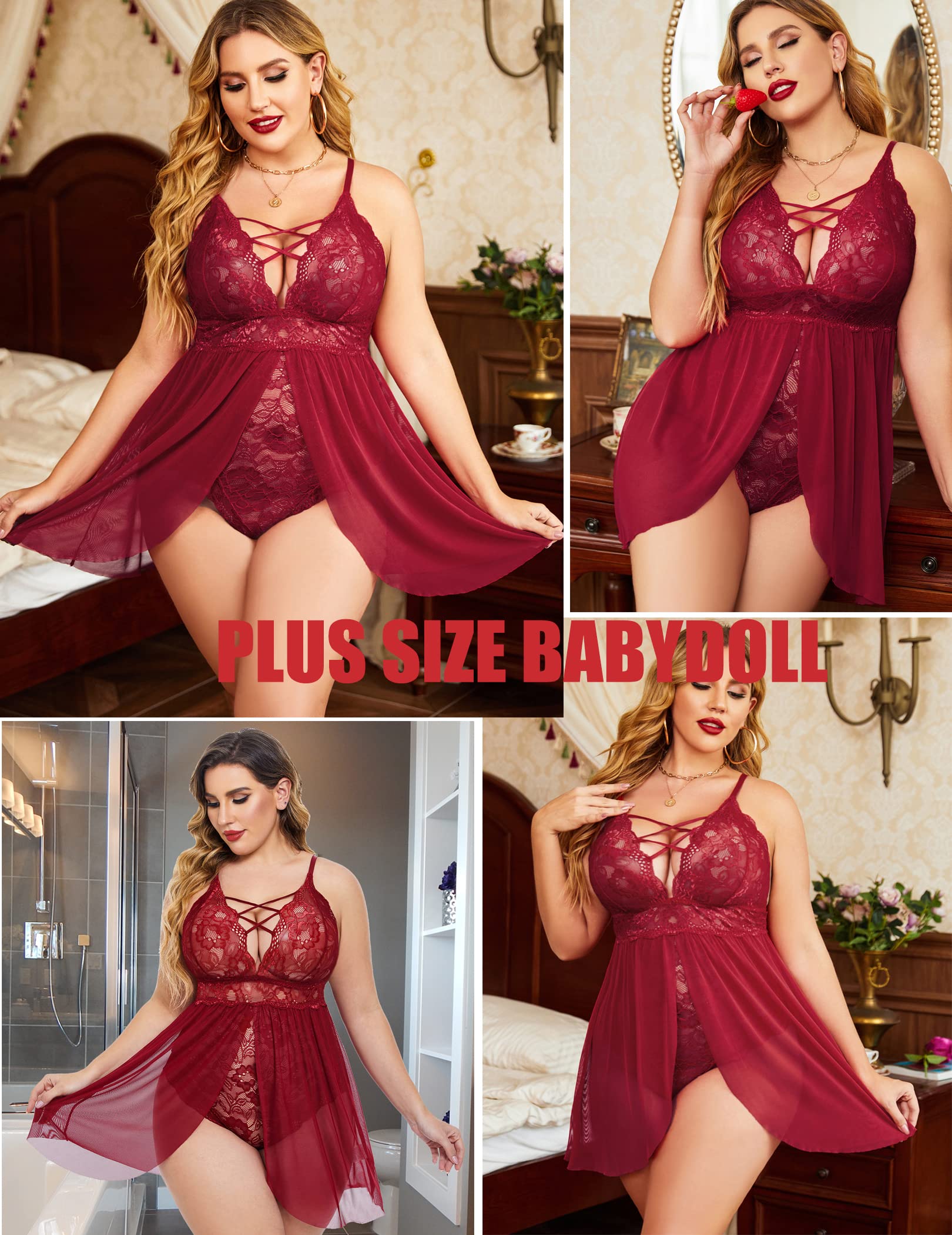 Avidlove Plus Size Babydoll For Women Sexy Nightgowns For Women Plus Size Lingerie (Wine Red, XL)