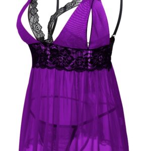 Donnalla Women's Sexy Plus Size Lingerie - Split Cup Lace Babydoll Sleepwear Chemise Set (Purple,XXL)