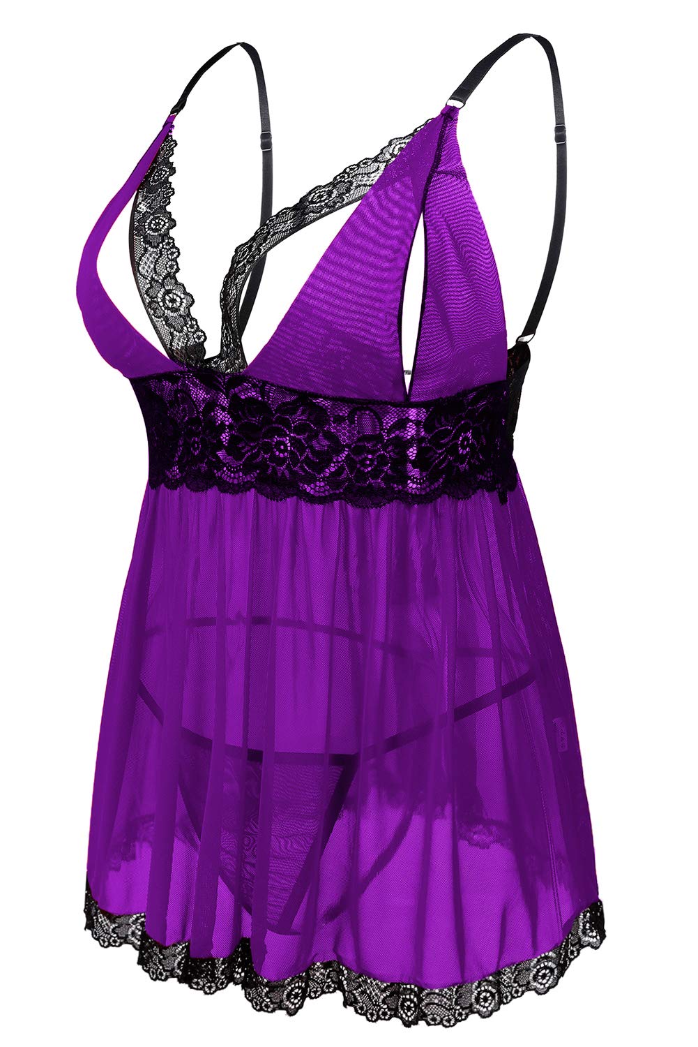 Donnalla Women's Sexy Plus Size Lingerie - Split Cup Lace Babydoll Sleepwear Chemise Set (Purple,XXL)