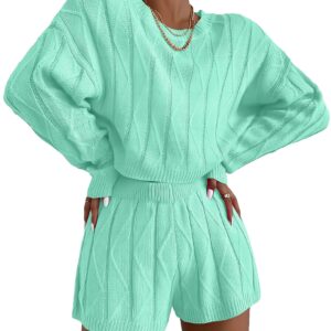 Ekouaer Knit Lounge Sets for Women 2 Piece Cozy Long Sleeve Pullover Sweater Top and Shorts Set Sweatsuit Outfits Mint Green Large