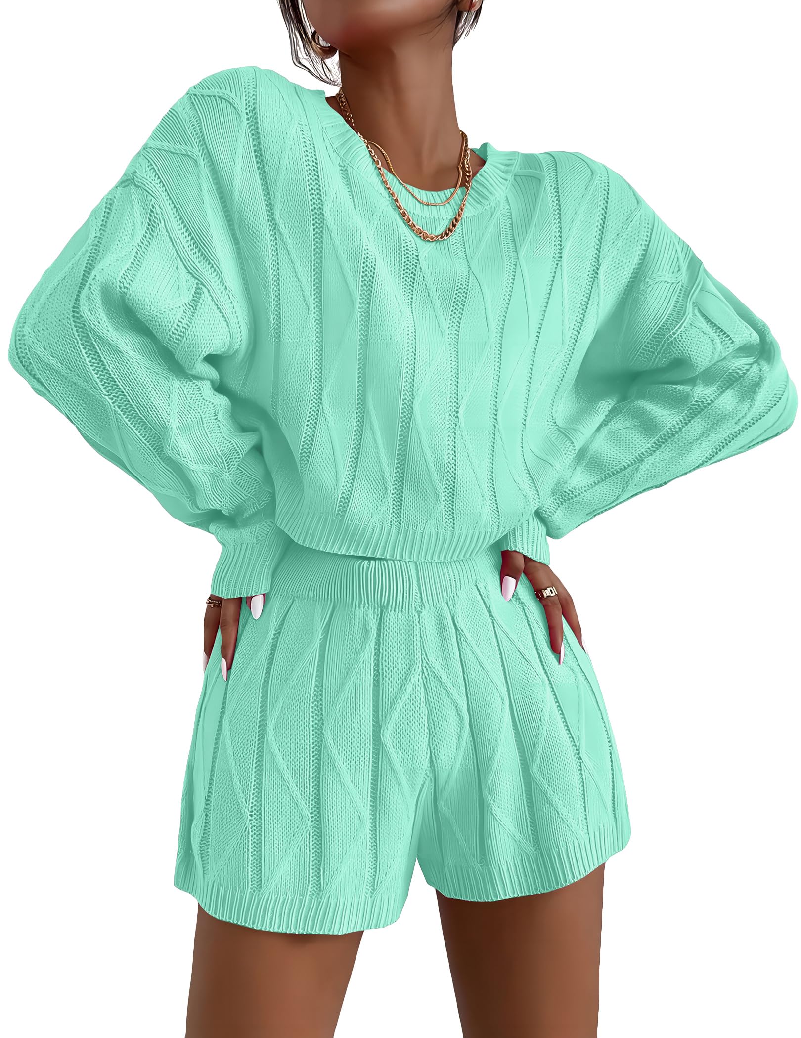 Ekouaer Knit Lounge Sets for Women 2 Piece Cozy Long Sleeve Pullover Sweater Top and Shorts Set Sweatsuit Outfits Mint Green Large