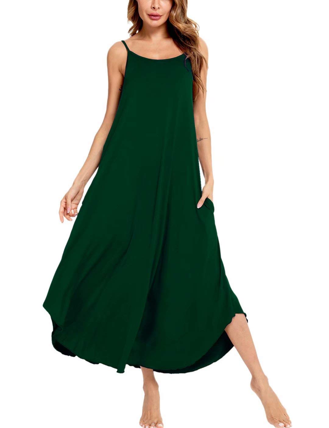 SWOMOG Women Long Nightgown Pajama Dress Soft Strap Nightdress Summer Sleeveless Nightshirt Lounge Dress with Pockets Green Medium