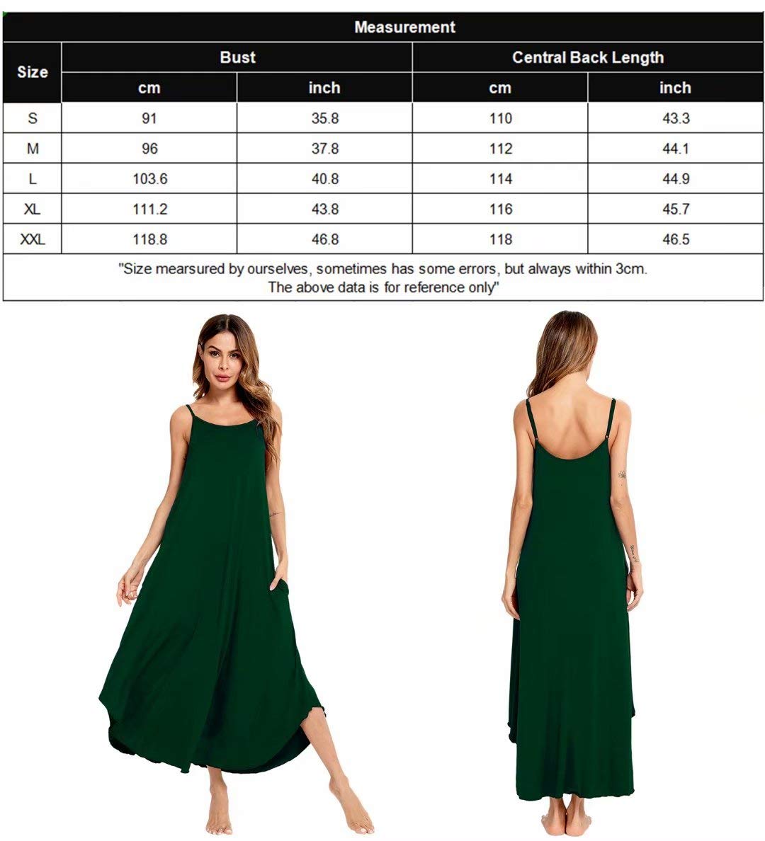 SWOMOG Women Long Nightgown Pajama Dress Soft Strap Nightdress Summer Sleeveless Nightshirt Lounge Dress with Pockets Green Medium