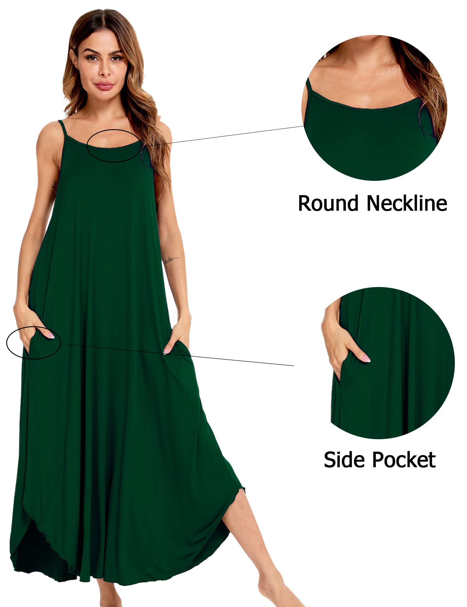 SWOMOG Women Long Nightgown Pajama Dress Soft Strap Nightdress Summer Sleeveless Nightshirt Lounge Dress with Pockets Green Medium