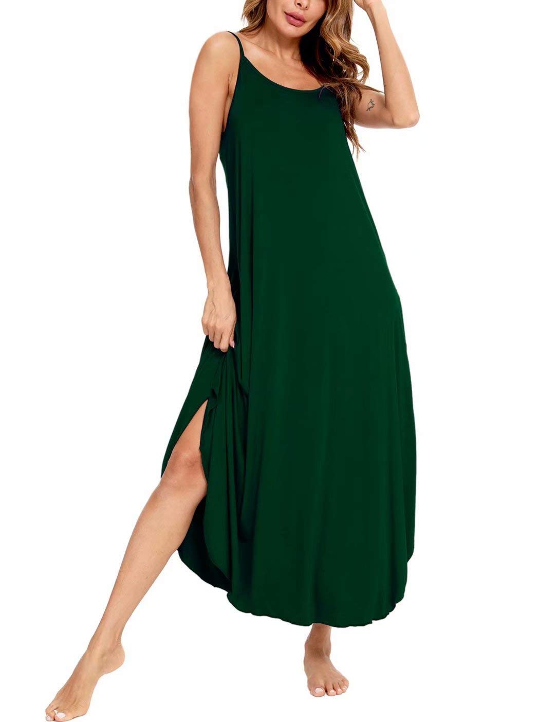 SWOMOG Women Long Nightgown Pajama Dress Soft Strap Nightdress Summer Sleeveless Nightshirt Lounge Dress with Pockets Green Medium