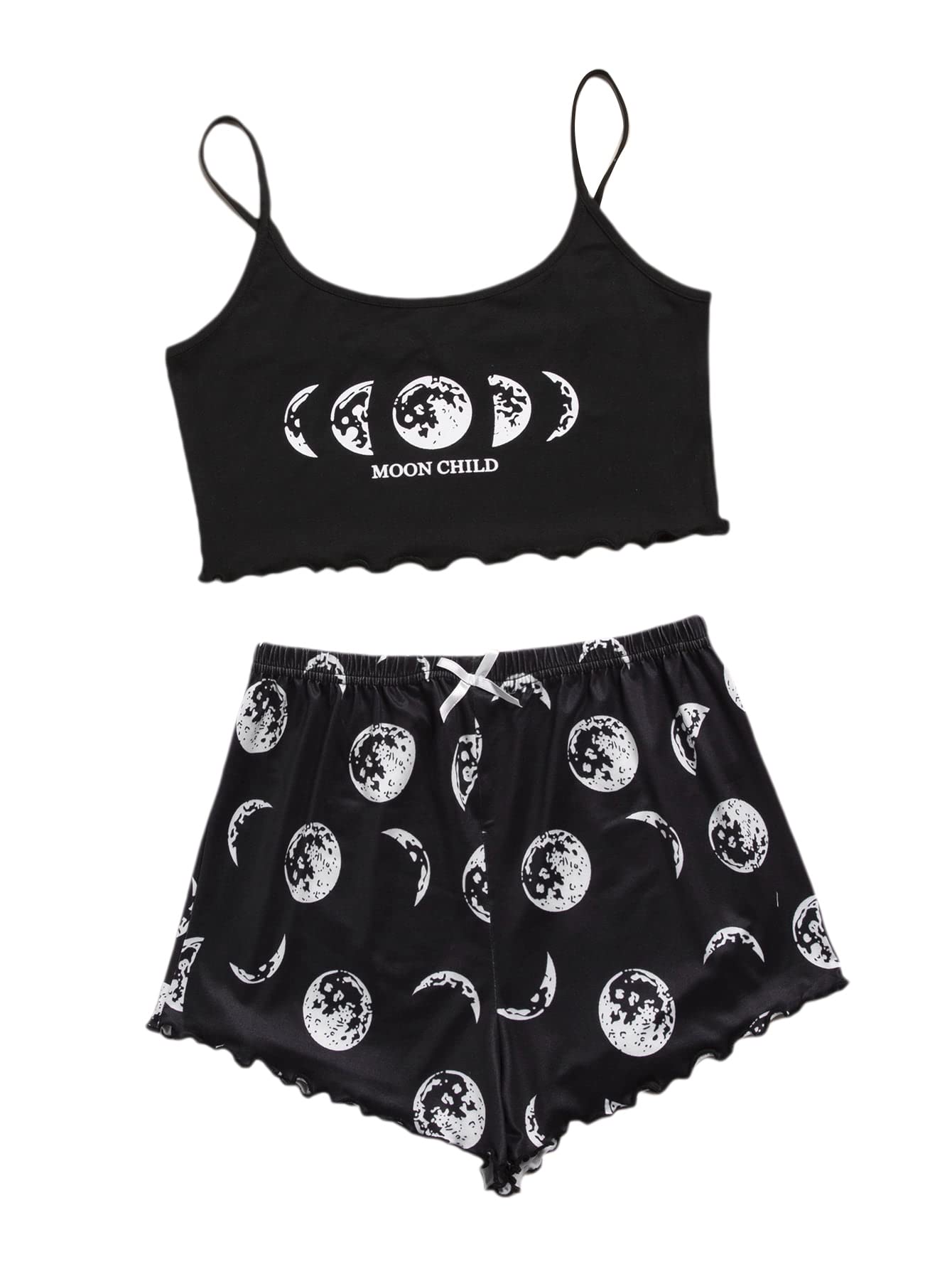 WDIRARA Women's Sleepwear Cute Print Lettuce Trim Cami and Shorts Pajama Set Black Moon M