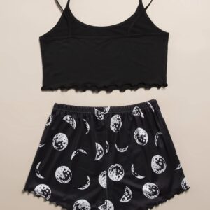 WDIRARA Women's Sleepwear Cute Print Lettuce Trim Cami and Shorts Pajama Set Black Moon M