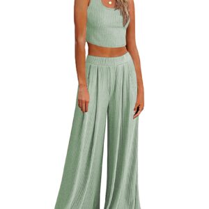 Ekouaer Women's Pajamas 2 Piece Lounge Set Ribbed Knit Loungewear Sleeveless Tank Top Wide Leg Pants,Light Green,L