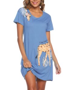 enjoynight nightgown for women cotton short sleeve nightshirts casual print sleepwear (blue giraffe, small-medium)