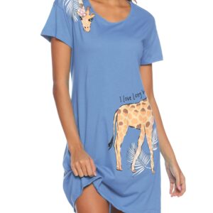 ENJOYNIGHT Nightgown for Women Cotton Short Sleeve Nightshirts Casual Print Sleepwear (Blue Giraffe, Small-Medium)