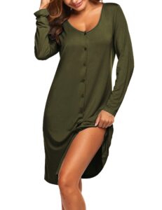 ekouaer women's nightgown v neck button down sleepwear long sleeves nightshirts soft button sleep dress army green