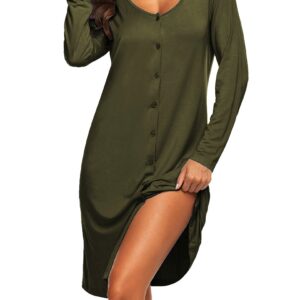 Ekouaer Women's Nightgown V Neck Button Down Sleepwear Long Sleeves Nightshirts Soft Button Sleep Dress Army Green