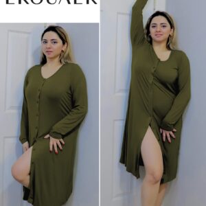 Ekouaer Women's Nightgown V Neck Button Down Sleepwear Long Sleeves Nightshirts Soft Button Sleep Dress Army Green