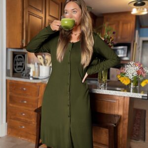 Ekouaer Women's Nightgown V Neck Button Down Sleepwear Long Sleeves Nightshirts Soft Button Sleep Dress Army Green