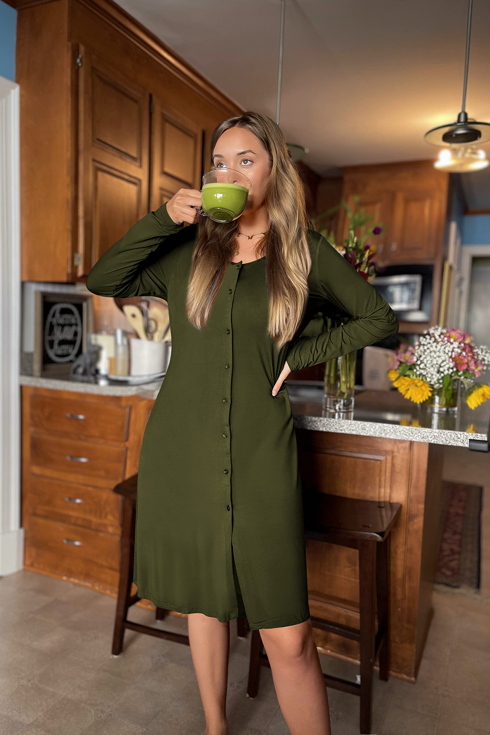 Ekouaer Women's Nightgown V Neck Button Down Sleepwear Long Sleeves Nightshirts Soft Button Sleep Dress Army Green