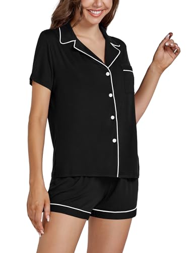 Umenlele Women's 2 Piece Pajama Set Short Sleeve Soft Sleepwear Button-Down Loungewear Black# Small