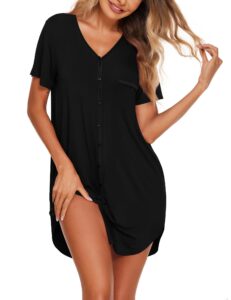 avidlove v neck sexy sleepwear shirts short sleeve pajama dress button-front nightshirt,black,x-large