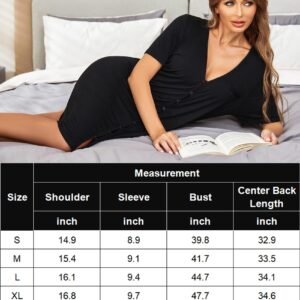 Avidlove V Neck Sexy Sleepwear Shirts Short Sleeve Pajama Dress Button-Front Nightshirt,Black,X-Large