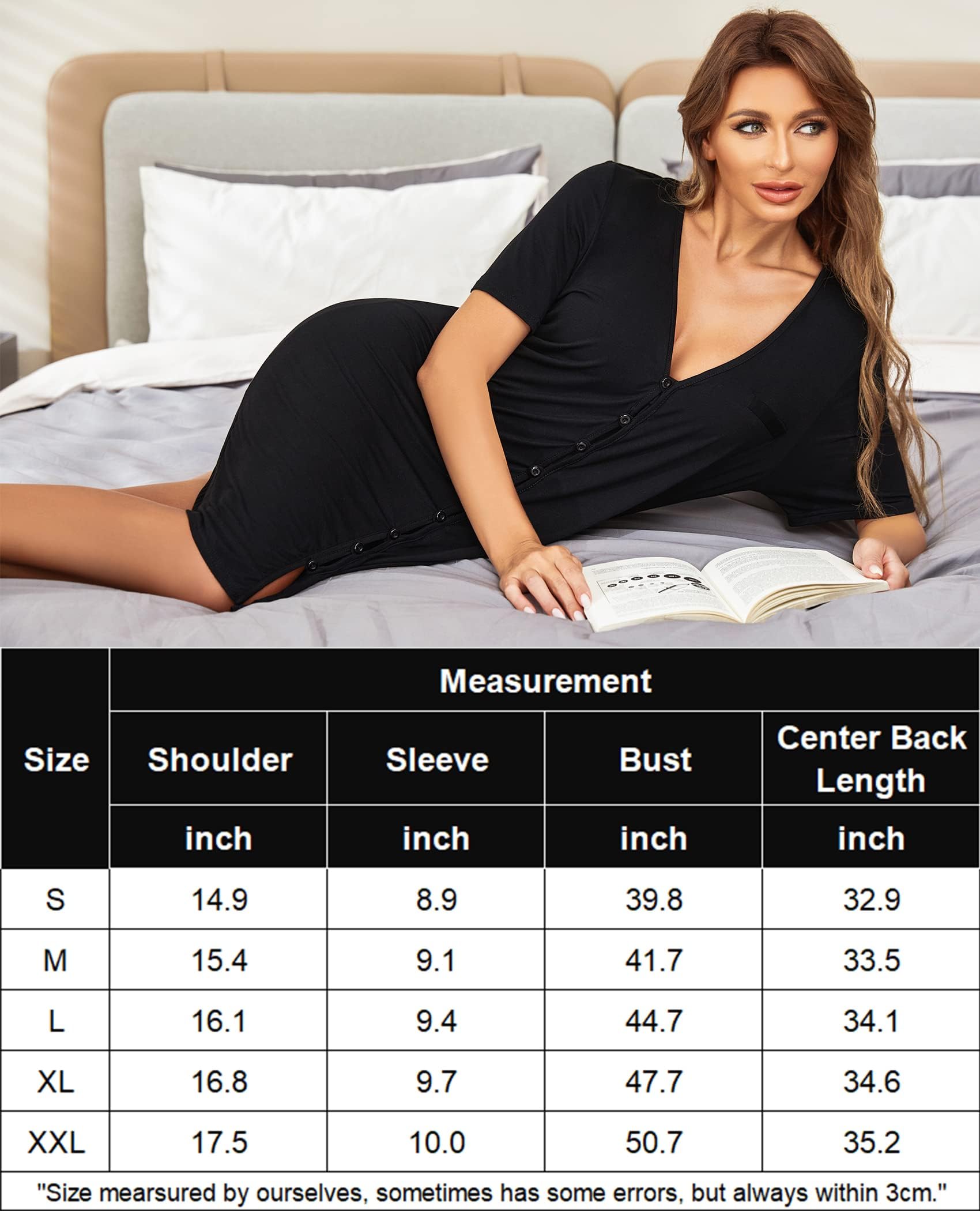 Avidlove V Neck Sexy Sleepwear Shirts Short Sleeve Pajama Dress Button-Front Nightshirt,Black,X-Large