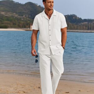 COOFANDY Mens Coordinated Outfit Linen Beach Casual Cuban Button Up Shirts Drawstring Pants, A-white, X-Large