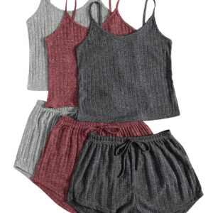 GORGLITTER Women's 3 Sets Ribbed Pajamas Set Sleeveless Crop Top and Tie Front Shorts Lounge Set Sleepwear Loungewear Grey Red Dark Grey Small