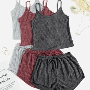 GORGLITTER Women's 3 Sets Ribbed Pajamas Set Sleeveless Crop Top and Tie Front Shorts Lounge Set Sleepwear Loungewear Grey Red Dark Grey Small