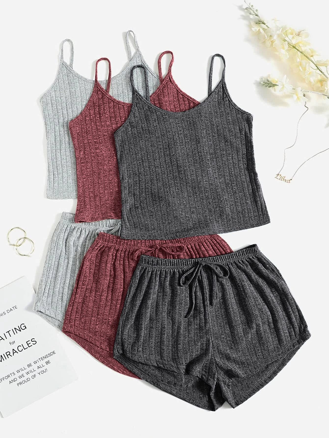 GORGLITTER Women's 3 Sets Ribbed Pajamas Set Sleeveless Crop Top and Tie Front Shorts Lounge Set Sleepwear Loungewear Grey Red Dark Grey Small