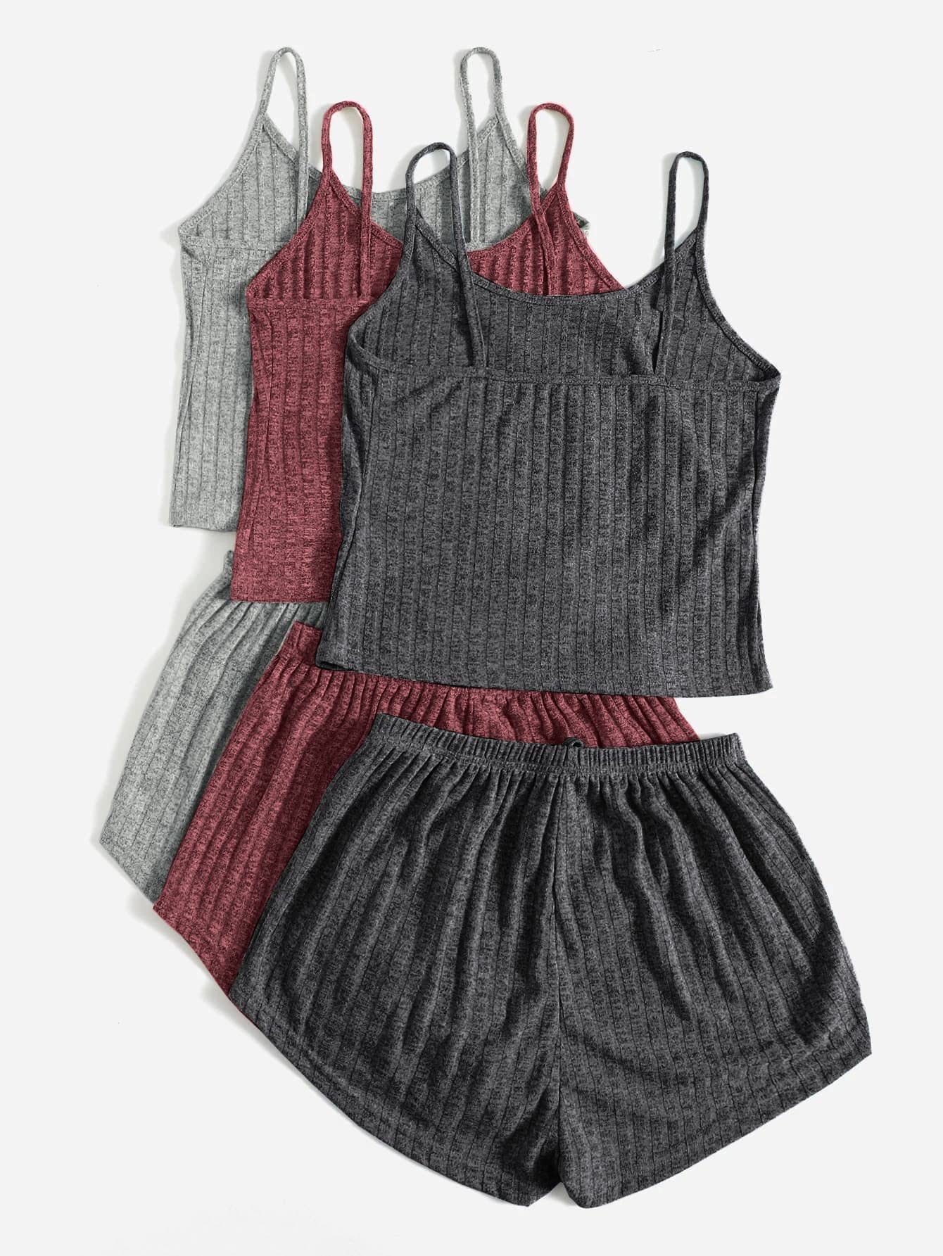 GORGLITTER Women's 3 Sets Ribbed Pajamas Set Sleeveless Crop Top and Tie Front Shorts Lounge Set Sleepwear Loungewear Grey Red Dark Grey Small