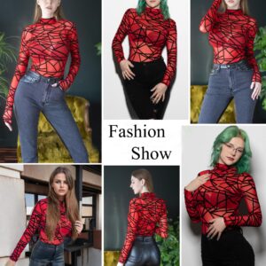 Avidlove Bodysuits for Going Out Women Halloween Tops Lace Mesh Geo Print Shirt Party Night Outfits Red