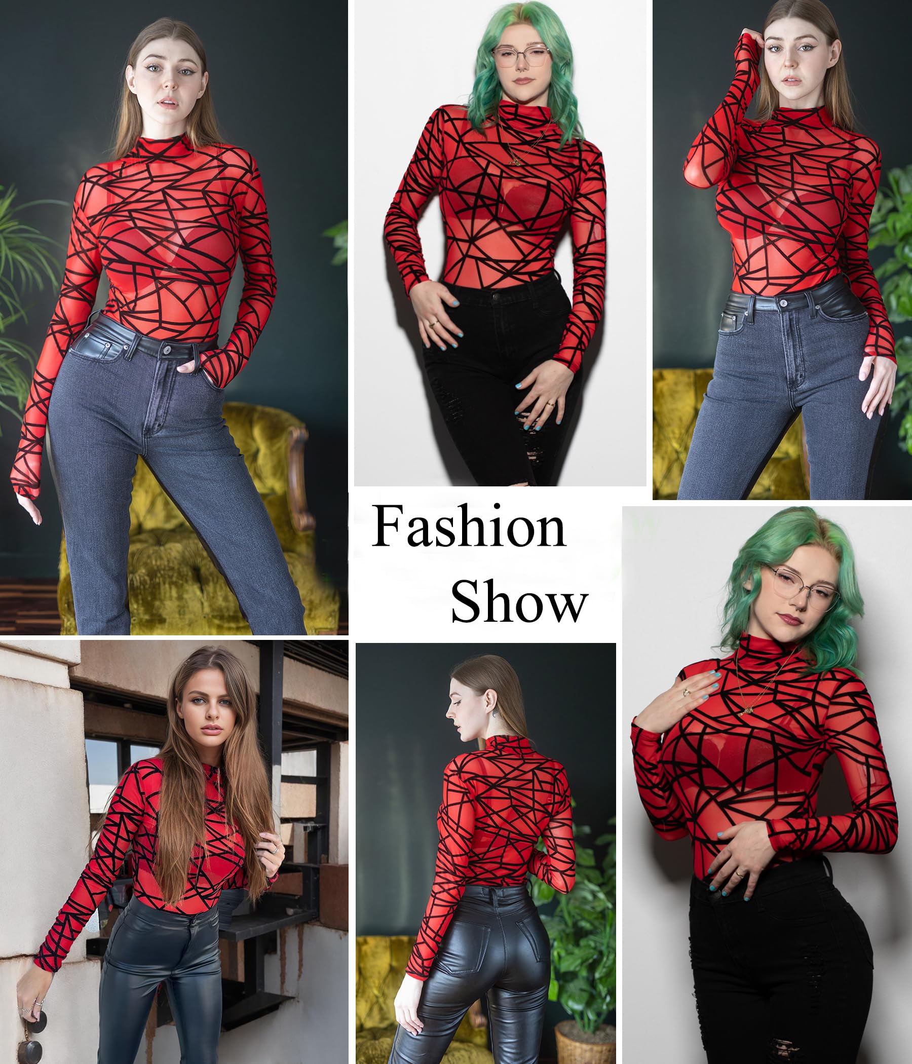 Avidlove Bodysuits for Going Out Women Halloween Tops Lace Mesh Geo Print Shirt Party Night Outfits Red