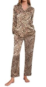 ekouaer silk satin pajamas women's long sleeve sleepwear soft button down pj set 2 piece loungewear brown leopard,xl