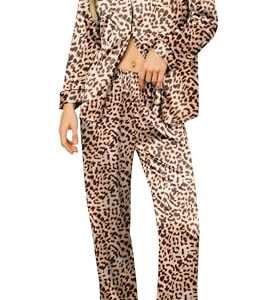 Ekouaer Silk Satin Pajamas Women's Long Sleeve Sleepwear Soft Button Down Pj Set 2 Piece Loungewear Brown Leopard,XL