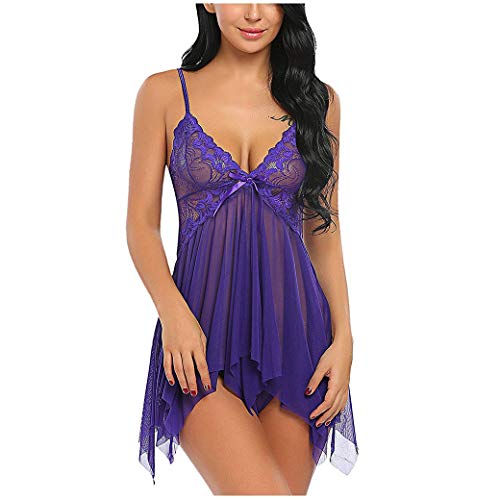 Aniywn Sexy Plus Size Lingerie Sets for Women V Neck Nightwear Lace Sleepwear Chemise Mini Teddy Lingerie Sleepwear Purple