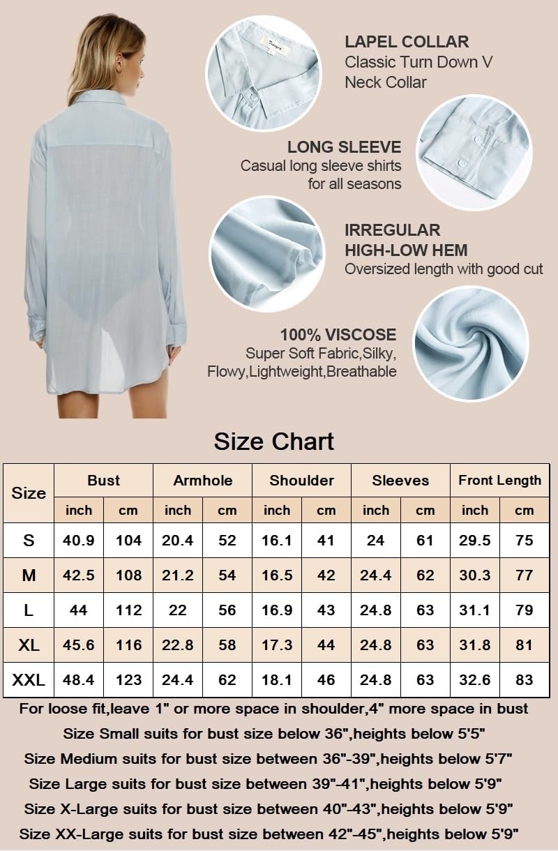 TOUSYEA Sleep Shirts for Women Button Down Shirts Long Sleeve Sleepwear Swimsuit Cover Ups Soft Pajama Tops Light Blue M