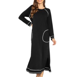 Ekouaer Long Nightgown for Women Full Length Night Shirt Sleepwear with Pocket Loungewear Dress A-black