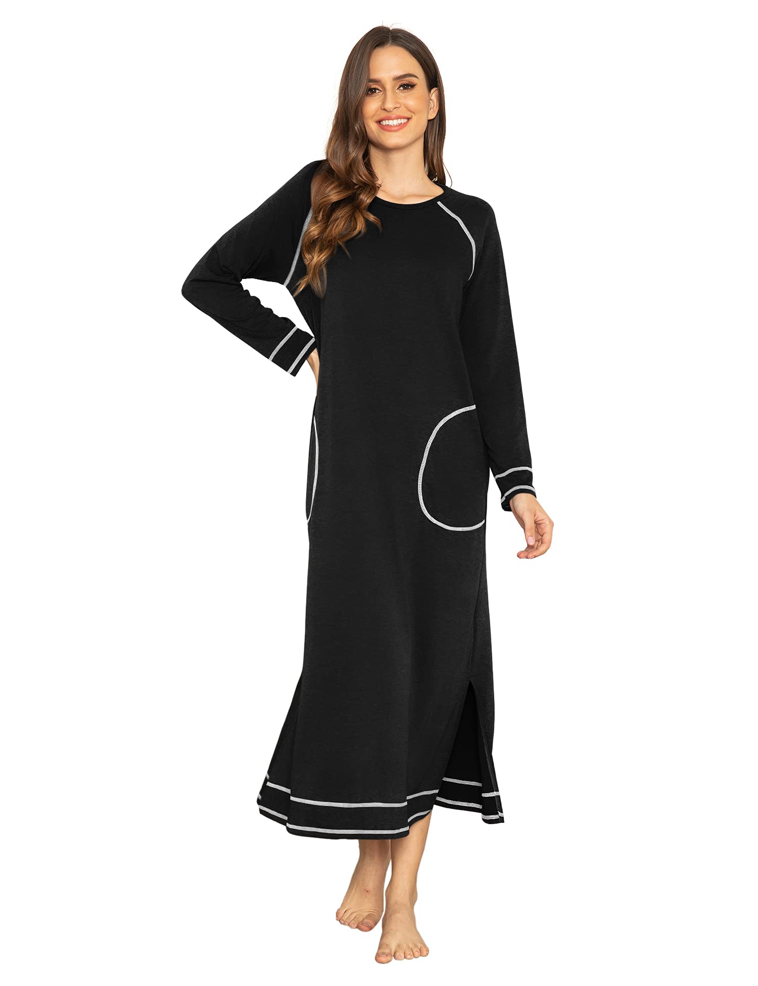 Ekouaer Long Nightgown for Women Full Length Night Shirt Sleepwear with Pocket Loungewear Dress A-black