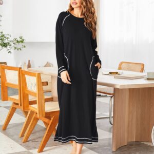 Ekouaer Long Nightgown for Women Full Length Night Shirt Sleepwear with Pocket Loungewear Dress A-black