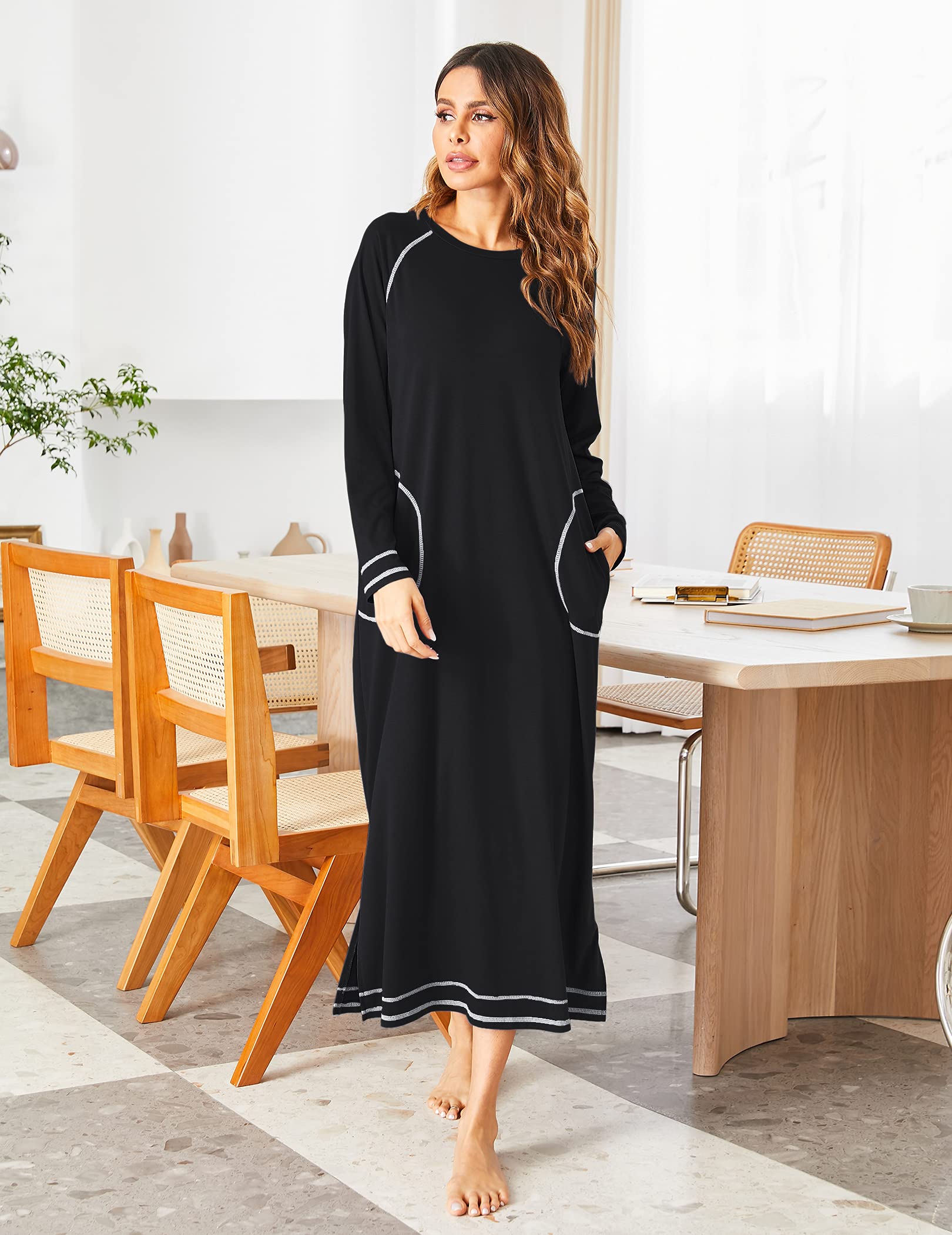 Ekouaer Long Nightgown for Women Full Length Night Shirt Sleepwear with Pocket Loungewear Dress A-black