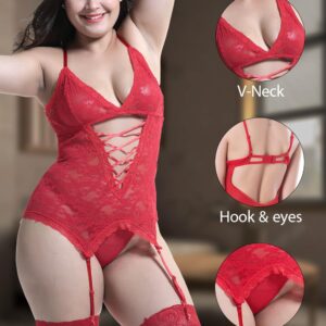 Anyou Lingerie for Womens Lingerie Lace Teddy Plus Size Lingeire Bodysuit Chemise Nightwear with Stockings Size Large Red