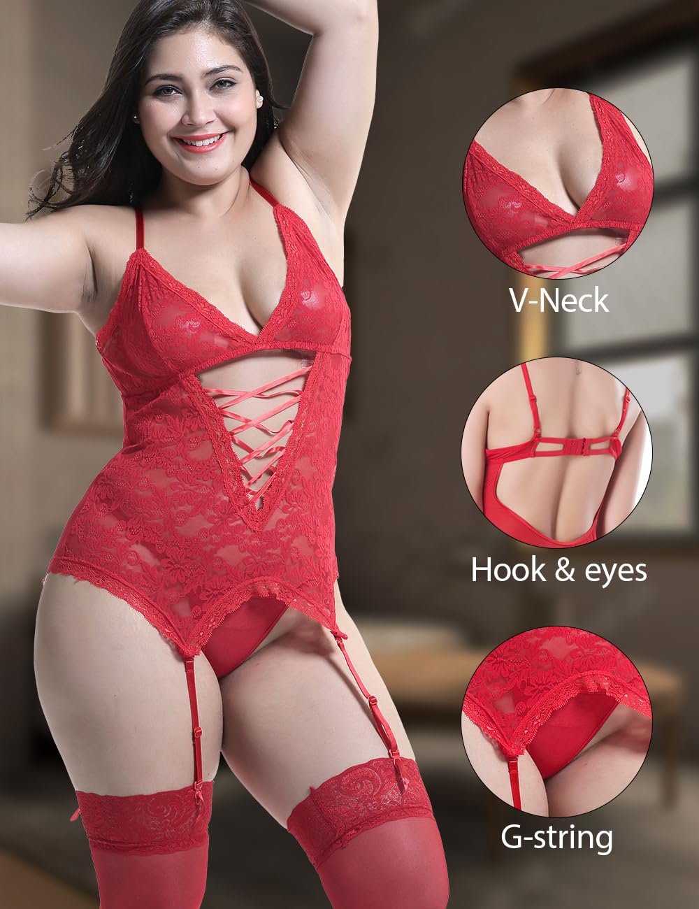 Anyou Lingerie for Womens Lingerie Lace Teddy Plus Size Lingeire Bodysuit Chemise Nightwear with Stockings Size Large Red