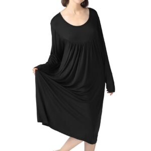 lu's chic women's plus size nightgown long sleeve cotton sleepwear pajama night dress soft comfy knee length pleated stretchy sleep gown black 3x