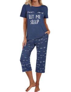 ekouaer women pajamas set short sleeve summer lounge sets sleepwear tops with capri pants two piece pj set navy blue