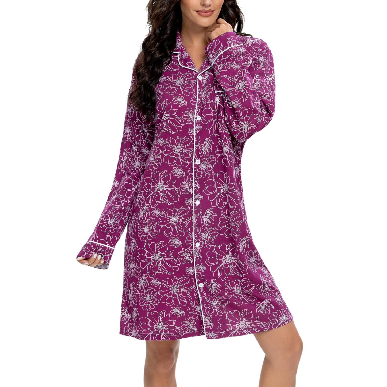 Tugege Nightgowns for Women Sleepwear V-Neck Button Down Night Shirt Long Sleeve Printed Pajamas Sleepshirts