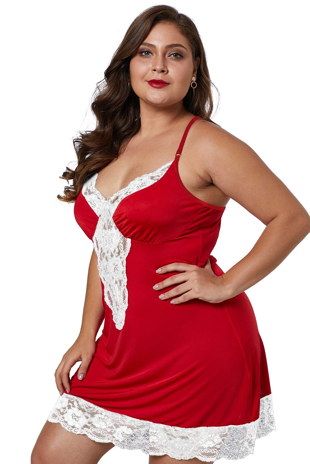 XAKALAKA Women Plus Size Babydoll Lingerie Back Crisscross Lace Trim Chemise Sleepwear Christmas Red XXXXL