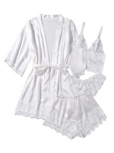 wdirara women' silk satin pajamas set 4pcs lingerie floral lace cami sleepwear with robe snow white xs