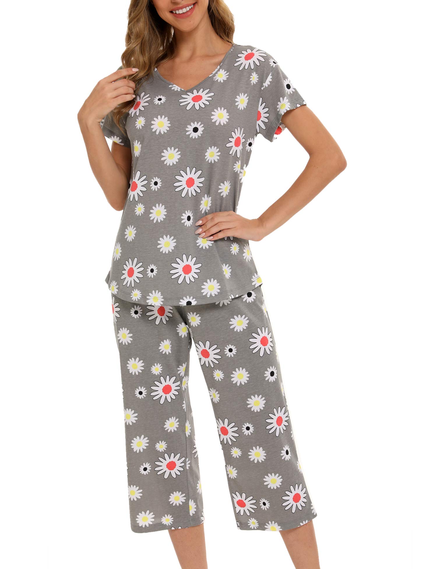 ENJOYNIGHT Women's Pajama Short Sleeve Sets Top with Capri Pants Sleepwear Sets Loungewear