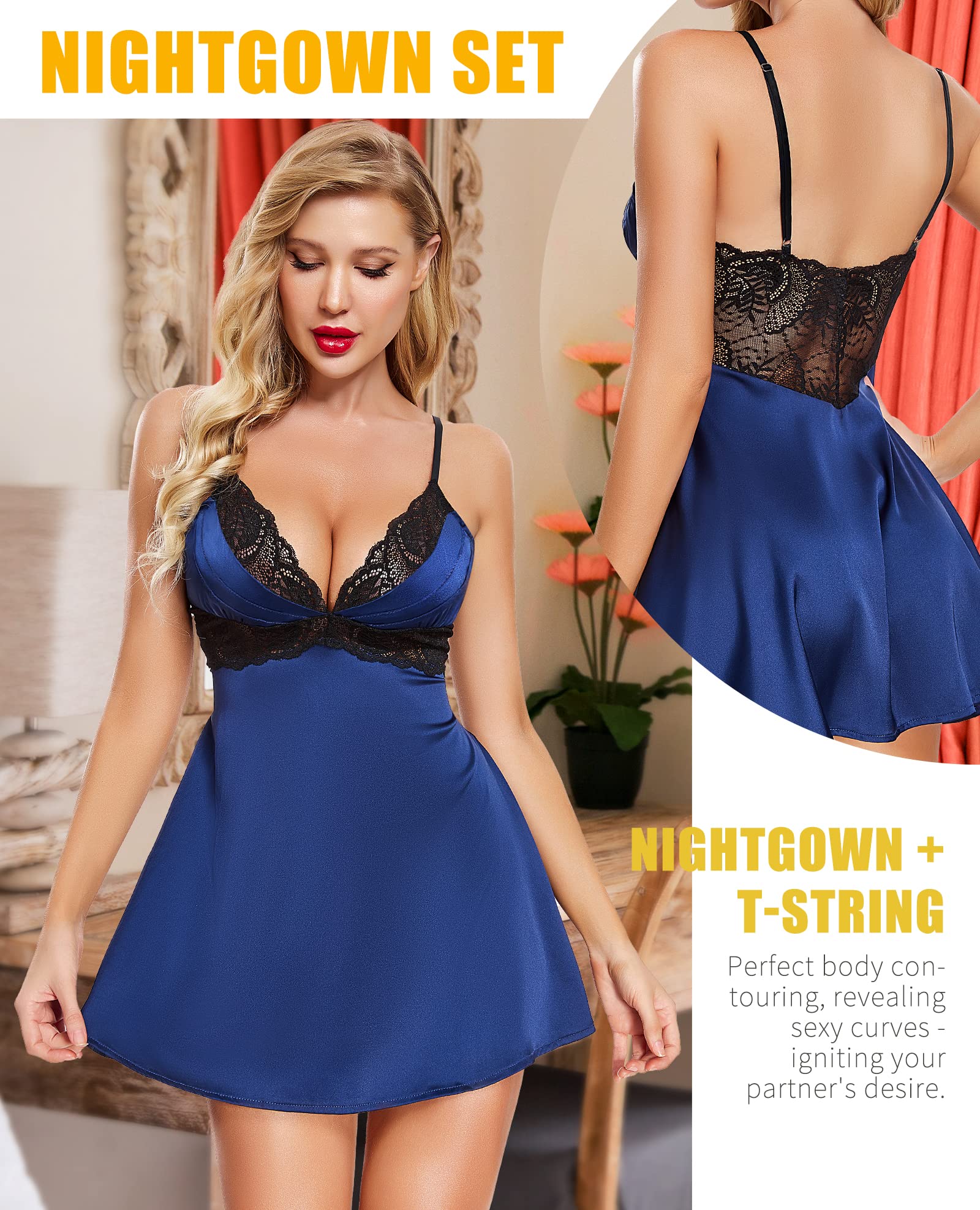 ADSEXY Women's Babydoll Lingerie Sexy Lace Chemise Sleepwear Nightgown V-Neck Sleep Dress Teddy Lingerie Blue