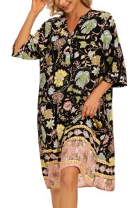 aviier house dress womens 3/4 sleeve floral print nightdress with pockets (black flower, large)