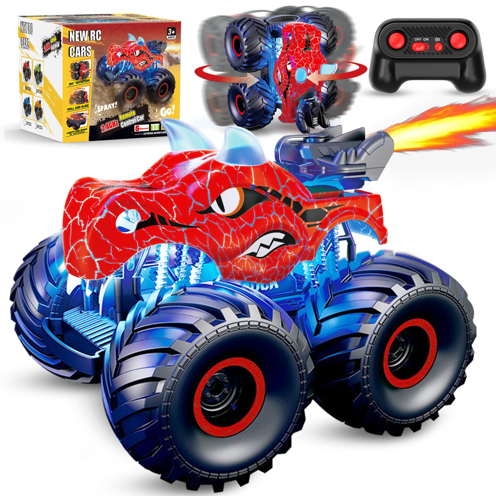 Kidcia Remote Control Dinosaur Car, 2.4GHz RC Monster Trucks for Boys with Spray, Light & Sound, All Terrain RC Cars with 2 Batteries, Dinosaur Toys for Kids 3 4 5 6 7 8, Christmas Birthday Gift