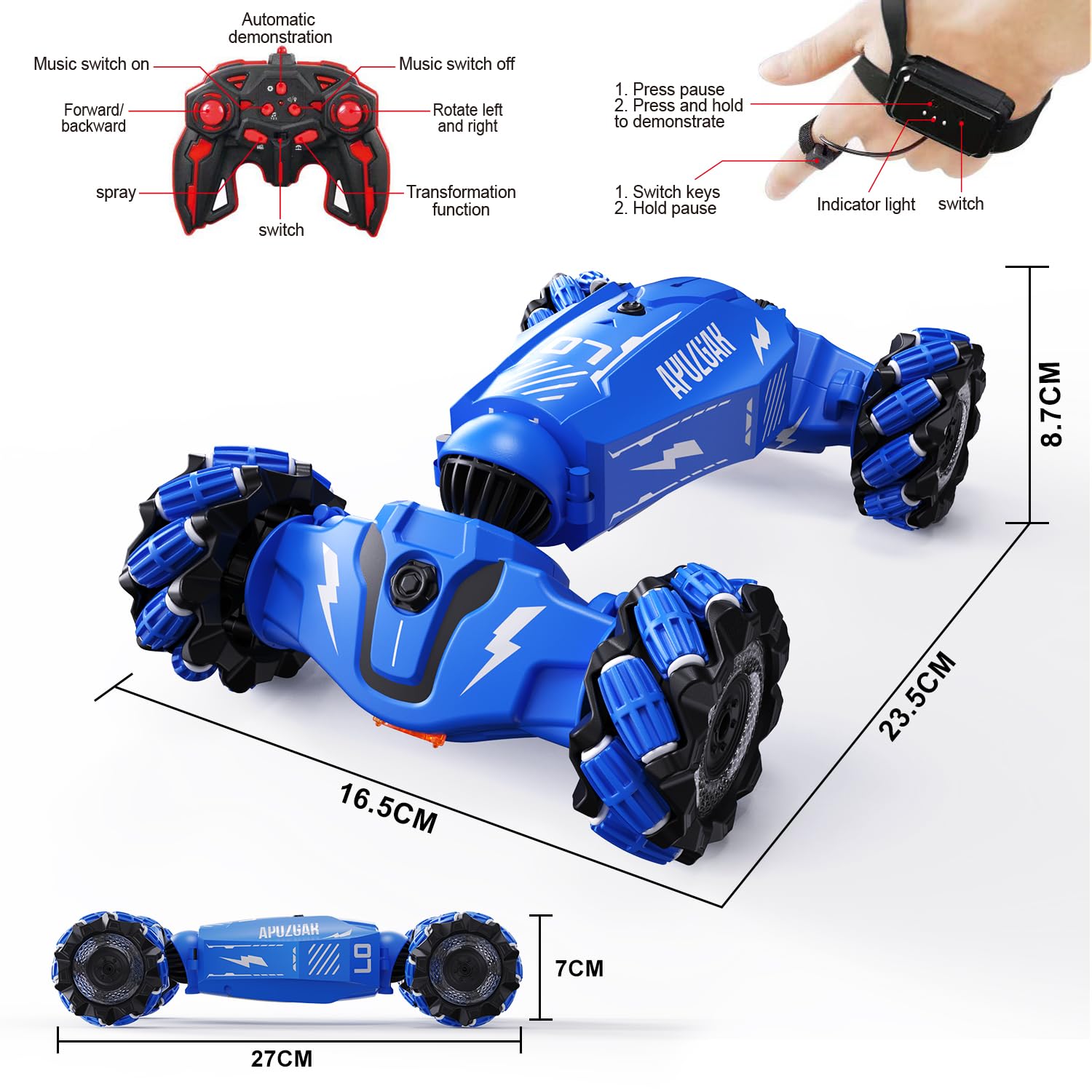 LOOZIX Upgraded Hand Gesture Sensing RC Stunt Car with Lights Music, Spray Drift Hand Gesture RC Car 360° Spins All Terrains Hand Controlled Car Toys for 6 7 8 9 10 Year Old Boys